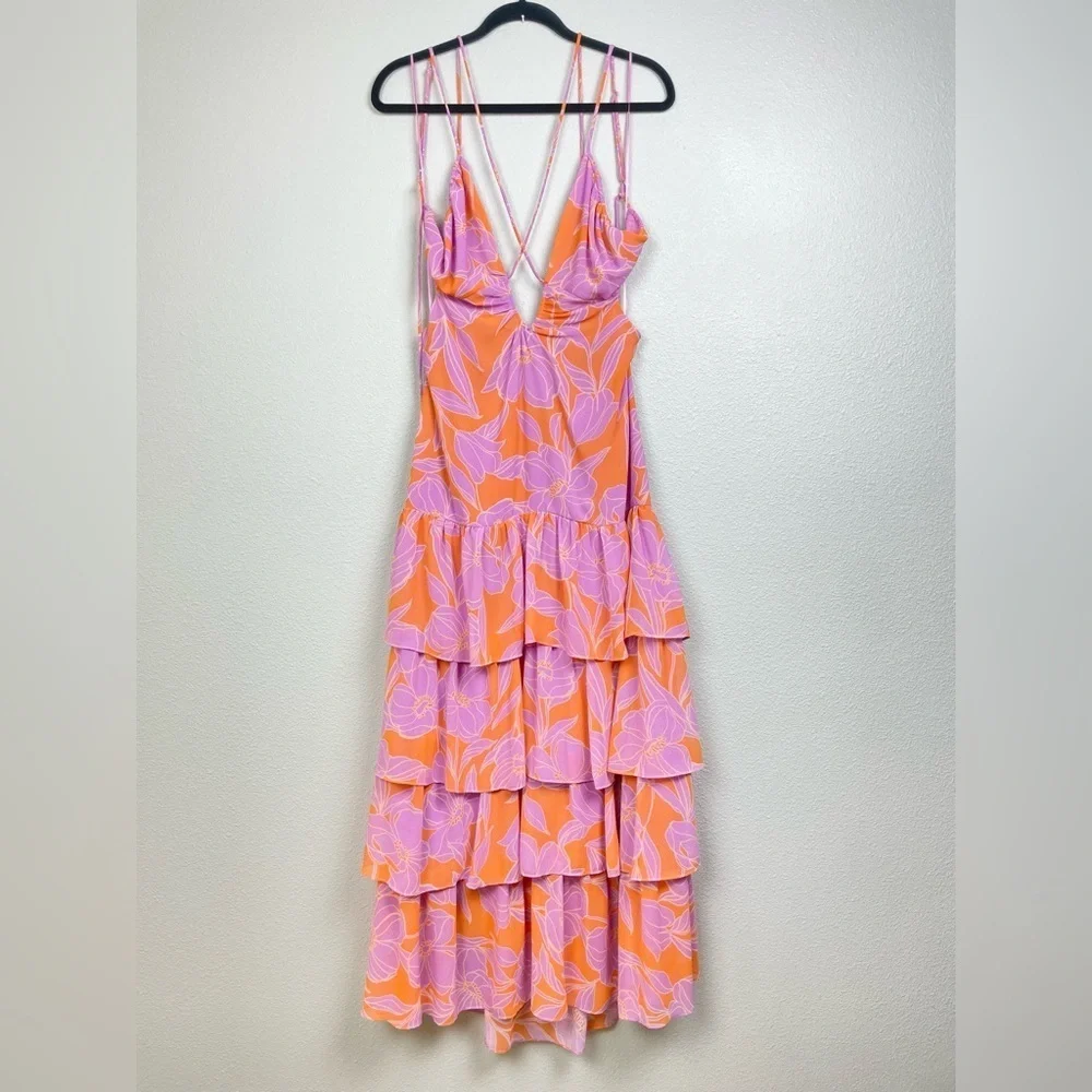 ASTR The Label Women's Large Aneira Dress Orange Purple Floral Maxi Ruffle Strap - Picture 4 of 16